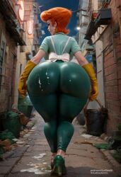 ai_generated alley apron ass ass_focus big_ass big_breasts cum cum_on_body dexter's_laboratory dexter's_mom green_pants hourglass_figure lucasai red_hair walking yellow_gloves