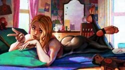 1girls \m/ animal_print ass asymmetrical_hair azuma_yasuo azumaarts bed blonde_hair blue_eyes bodysuit carnage_(marvel) character_doll crossed_ankles eyebrow_piercing feet feet_up female gwen_stacy highres hood hooded_bodysuit lying marvel marvel_comics mary_jane_watson mask miles_morales mirror on_stomach parted_lips piercing poster_(object) soles solo spider-gwen spider-man:_across_the_spider-verse spider-man_(miles_morales) spider-man_(series) spider-verse spider_print spider_web_print stirrup_legwear superhero_costume table the_pose toeless_legwear toes two-tone_bodysuit unworn_mask vanity_table