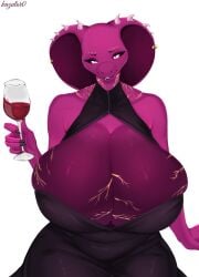 2024 absurd_res alcohol beverage big_breasts breasts clothing container cup dress drinking_glass electricity female glass glass_container glass_cup hi_res huge_breasts kazutor0 lightning purple_body purple_skin reptile scalie shandii snake solo wine wine_glass