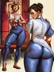 artist_name asian ass azuma_yasuo blue_leggings bra bracelet breasts brown_eyes brown_hair china_dress chinese_clothes chun-li chun-li_(street_fighter_6) cleavage closed_eyes clothes_pull commentary_request double_bun dress ear_piercing earrings female gold_trim hair_bun hair_ribbon highres jewelry leggings legs lips looking_at_viewer looking_back makeup mature_female milf muscular muscular_female nail_polish pants parted_lips piercing ribbon short_hair solo sphere_earrings standing street_fighter street_fighter_6 thighs underwear wide_hips yellow_ribbon