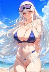 1girls ai_generated azur_lane big_breasts breasts enterprise_(azur_lane) female female_focus female_only hat hips huge_breasts large_breasts long_hair naked naked_female nude nude_female purple_eyes swimsuit thighs white_hair