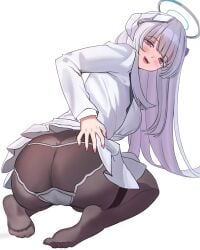 absurdres ass blue_archive breasts doli female halo highres long_hair looking_at_viewer mechanical_halo millennium_science_school_student noa_(blue_archive) pantyhose purple_eyes seminar_(blue_archive) simple_background soles solo thighband_pantyhose white_background