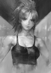 1girls belly big_breasts busty earrings female king_of_fighters leona_heidern light-skinned_female light_skin long_hair looking_at_viewer ponytail standing tank_top tied_hair