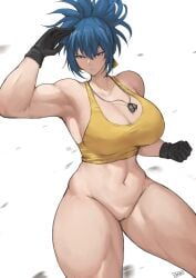 1girls bakaatako batako big_breasts blue_eyes blue_hair breasts breasts breasts busty clothed curvy curvy_figure earrings female gloves huge_breasts king_of_fighters leona_heidern light-skinned_female light_skin long_hair muscular muscular_female no_panties no_pants nude nude_female pale-skinned_female pale_skin pants_down ponytail pussy removed_clothing round_breasts standing tank_top thick thick_legs thick_thighs thighs tied_hair voluptuous voluptuous_female wide_hips