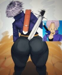 1boy ass back_view big_ass big_butt butt crauncrown dragon_ball dragon_ball_z fat_ass fat_butt femboy fully_clothed huge_ass huge_butt male male_only preview purple_hair reference_image shounen_jump solo sword sword_on_ass thick_ass thick_butt trunks_briefs