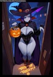 1girls 2024 2d ai_assisted ai_generated artist_name bare_legs big_breasts cape cleavage colored_skin costume doorway erotic_nansensu forehead_jewel halloween leotard looking_away night patreon_username pose pumpkin raven_(dc) socks solo teen_titans teenager text thick_thighs trick_or_treat watermark wide_hips witch witch_hat