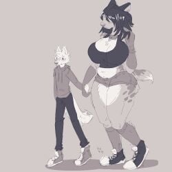 1boy 1girls anthro_female anthro_male anthro_on_anthro anthro_only big_breasts big_breasts bigger_female boyfriend boyfriend-girlfriend breasts breasts clothed clothed_female clothed_male female furry furry_female furry_male furry_only giantess girlfriend height_difference kermaperc larger_female male mini_giantess shorter_male shorts size_difference smaller_male tank_top