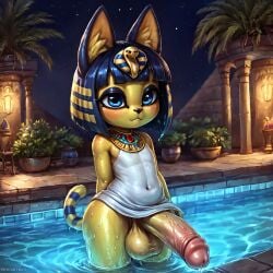 1:1 1boy 2d ai_generated animal_crossing ankha ankha_(animal_crossing) anthro anthro_femboy anthro_male anthro_only anthro_solo balls bare_legs big_ass big_balls big_penis blue_eyes blue_hair blush boner cat_ears cat_humanoid cat_nose cat_tail catboy egypt egyptian egyptian_cat erect_penis erection feline feline_ears feline_humanoid feline_tail femboy femboy_only huge_ass huge_cock krostyx male male_anthro male_focus male_only medium_hair night night_sky night_time nintendo partially_clothed penis penis_out pool rule_63 solo solo_anthro solo_femboy solo_focus solo_male space swimming_pool trap wet wet_body wet_penis wet_skin white_dress yellow_body yellow_skin