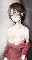 absurdres black_hair breasts brown_eyes bruise collarbone corpse death disorder! female female_death hair_between_eyes half-closed_eyes hanged highres injury long_sleeves medium_breasts nipples noose off_shoulder original red_sweater short_hair snuff solo sweater torn_clothes