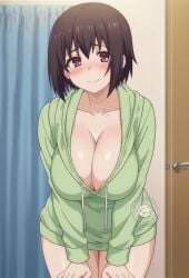 ai_generated asian asian_female bare_thighs black_hair blush brown_eyes coat_only embarrassed gigantic_breasts huge_breasts huge_thighs kotone_shirakawa light-skinned_female light_skin lokokabooster69 looking_at_viewer massive_breasts overflow_(series) short_hair solo_female squatting sweat sweatdrop thick_body thick_female thick_thighs thighs voluptuous voluptuous_female