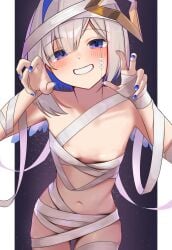 1girls amane_kanata angel angel_wings artist_request bare_midriff female halloween halloween_costume hololive hololive_japan looking_at_viewer mummy navel revealing_clothes skimpy skimpy_clothes small_breasts solo thighs virtual_youtuber vtuber