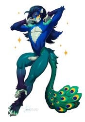 5_fingers 5_toes anthro avian biped bird erection feet fingers galliform genitals glans hair hand_feet haplorhine hi_res humanoid_genitalia humanoid_penis hybrid male mammal monkey peafowl penis phasianid plna primate simple_background smile solo tail toes white_background