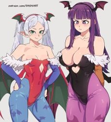 2girls bat_print blue_pantyhose blush blush capcom cosplay darkstalkers dashi_art elf elf_ears elf_female female female_only fern_(sousou_no_frieren) frieren frieren_beyond_journey's_end large_breasts lilith_aensland_(cosplay) morrigan_aensland_(cosplay) purple_eyes purple_hair purple_pantyhose small_breasts smiling smiling_at_viewer sousou_no_frieren tagme