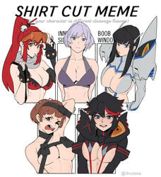 5girls black_hair breasts bust busty cleavage company_connection creator_connection druzsea english_text female_only flat_colors gainax hirundo_rustica junketsu kill_la_kill kiryuuin_satsuki long_hair looking_at_viewer mankanshoku_mako matoi_ryuuko meme mujina nudist_beach_uniform panels ponytail pose red_hair senketsu shirt_cut_meme short_hair ssss.dynazenon studio_trigger tengen_toppa_gurren_lagann text yoko_littner