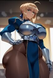 1girls ahoge ai_generated alternate_breast_size alternate_costume armored_female armored_gloves artoria_pendragon big_breasts blonde_hair braid braided_bun chestplate fate/stay_night fate_(series) female green_eyes hair_bun hand_on_hip looking_at_viewer pantyhose pelvic_curtain rayasox saber thick_thighs wide_hips