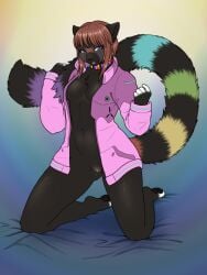 ailurid ajna anthro beckoning bodily_fluids bottomless clothed clothing cosplay female genital_fluids genitals gesture hi_res jacket jacket_only lewd_(disambiguation) mammal multicolored_tail paws pussy rainbow_tail ramzi_(razumi) red_panda seductive solo spread_legs spreading tail topwear topwear_only vaginal_fluids