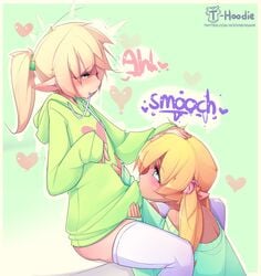 2boys artist_name ass blonde_hair border bottomless brown_body brown_skin clothed clothing clothing_in_mouth cowlick dark-skinned_femboy dark-skinned_male dark_skin duo elf emanata eyelashes femboy gay genitals girly green_background green_eyes green_hoodie hair hand_on_head hand_on_stomach heart hi_res hoodie hoodie_(artist) humanoid humanoid_pointy_ears kissing legwear long_hair long_hair_male looking_at_another male male_only max_(hoodie) not_furry off_shoulder original penis penis_kissing pointy_ears ponytail simple_background sitting sleeves_past_wrists sophie_(hoodie) sound_effects sweater text thighhighs through_clothing topwear trap trap_on_trap twintails twitter_username url white_body white_border white_legwear white_skin white_thighhighs yaoi