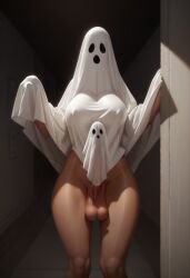 1futa ai_generated big_balls big_breasts big_penis brown_skin dark-skinned_female futanari ghost ghost_girl halloween halloween_costume