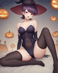 1girls ai_generated black_lipstick blush breasts cleavage covered_navel elbow_gloves female halloween hands_behind_back jack-o'-lantern komi-san_wa_komyushou_desu komi_shuuko legs_apart leotard looking_at_viewer milf notreallyhere parted_lips pumpkin purple_eyes purple_hair short_hair sitting smile solo thighhighs thighs witch witch_costume witch_hat