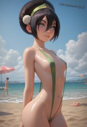 ai_generated avatar_legends avatar_the_last_airbender beach bikini black_hair curvy exhibitionist green_bikini green_sling_bikini hair_over_eyes hands_behind_back horny horny_female hourglass_figure jaajaai nickelodeon perfect_body public seductive seductive_look shiny_skin sling_bikini sling_swimsuit slingshot_swimsuit small_breasts small_waist smooth_skin submissive_female summer sweat sweating tagme thin_waist toph_bei_fong warm_colors wet wet_body wet_skin