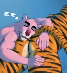 2boys anthro ass blue_background blush blush_lines butt duo eddward felid frosted_flakes fur hi_res kellogg's male male/male male_focus male_only mammal mascot muscular muscular_male panther pantherine pink_body pink_claws pink_fur pink_nose pink_panther pink_panther_(series) sleeping sleeping_on_partner sleeping_on_person sound_effects striped_body striped_fur striped_tail stripes tail thick_thighs tiger tony_the_tiger vowelless vowelless_sound_effect zzz