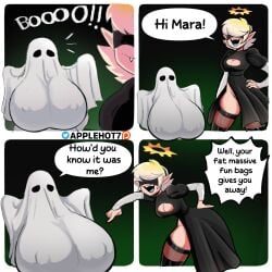 applehot bedsheet_ghost big_breasts big_nipples boob_ghost breasts comic comic_panel comic_strip funny ghost ghost_girl halloween humor humor_porn jane_(applehot) mara_&_jane mara_(applehot) nier nier:_automata short_hair white_hair yorha_2b