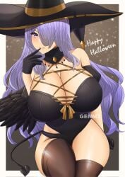 big_breasts breasts camilla_(fire_emblem) costume curvy fire_emblem fire_emblem_fates genm7 hair_over_one_eye halloween nintendo purple_hair thick witch witch_costume witch_hat