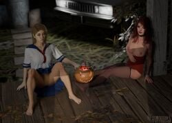 3d blender breasts dbd dead_by_daylight halloween_theme japanese_school_uniform kate_denson school_uniform schoolgirl_uniform showing_breasts showing_off showing_pussy stockings trick_or_treat wawmes yui_kimura