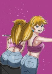 1girls ass big_ass blonde_hair fat_ass grin jeans kurodeuzu legs medium_breasts midriff nintendo pants pink_lipstick ponytail princess_peach sideboob smile thighs