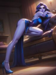 1girls ai_generated dress heels high_heels long_hair looking_at_viewer overwatch ragen ragen_nsfw seductive seductive_look seductive_pose seductive_smile solo solo_female widowmaker