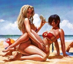 2girls ai_generated applying_sunscreen arm_support ass azuma_yasuo ball bare_legs beach beachball bikini blonde_hair blue_sky breasts brown_hair day eyepatch_bikini eyewear_on_head highres kuouzumiaiginsusutakeizumonokamimeichoujin_mika large_breasts looking_at_viewer lotion multiple_girls ocean outdoors resort_boin shinjou_kanae sky smile sunscreen swimsuit thighs thong_bikini yuri