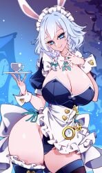 blue_eyes breasts bunny_ears clock izayoi_sakuya maid maid_headdress raptor7 raputoru7 sakuya_izayoi thick_thighs thighs touhou touhou_project white_hair