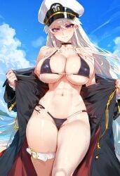 1girls ai_generated azur_lane big_breasts breasts enterprise_(azur_lane) female female_focus female_only hat hips huge_breasts large_breasts long_hair naked naked_female nude nude_female purple_eyes swimsuit thighs white_hair