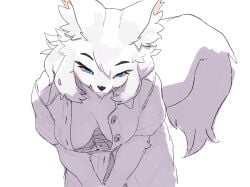 2025 anthro areola blue_eyes blush breasts canid canine clothed clothed_anthro clothed_female clothing digital_media_(artwork) female fox front_view fur hair hi_res inner_ear_fluff kame_3 mammal nipples open_clothing simple_background smile solo standing tail tuft white_background white_body white_fur white_hair white_tail