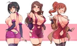 3girls :o ;d ahoge ass ass_cutout asymmetrical_bangs backless_dress backless_outfit bare_shoulders between_fingers big_breasts black_hair black_legwear blush bodycon bow breasts bridal_gauntlets brown_coat brown_eyes brown_hair character_request choker cleavage clothing_cutout coat collarbone commentary_request condom covered_erect_nipples cowboy_shot dress ear_piercing earrings fingerless_gloves fingernails fishnet_legwear fishnets fur-trimmed_sleeves fur_trim garter_straps glint gloves green_nails hairband hairbow halter_dress halterneck hand_on_own_hip heart heart_collar heart_earrings heavy_breathing highres holding idolmaster idolmaster_cinderella_girls igarashi_kyoko index_finger_raised jewelry kohinata_miho large_breasts long_fingernails long_hair long_sleeves looking_at_viewer looking_back multiple_girls nail_polish naughty_face navel navel_cutout o-ring_dress off_shoulder one_eye_closed one_side_up open_clothes open_coat open_mouth orange_hair piercing pink_bow pink_check_school_(idolmaster) pink_choker pink_dress purple_dress purple_hairband purple_legwear purple_nails red_dress shimamura_uzuki short_hair side_ponytail sideboob skindentation sleeveless sleeveless_dress smile strap_gap take_your_pick thighhighs two-tone_background twogie zettai_ryouiki