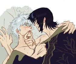 2boys against_wall black_hair blush eye_contact gay gintama gintoki_sakata kimono kissing looking_at_another male male_only no_visible_genitalia nuuuut41069 open_mouth saliva_trail takasugi_shinsuke upper_body white_hair yaoi