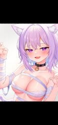 1girls artist_request big_breasts breasts cat_ears cat_tail catgirl female hololive hololive_gamers hololive_japan large_breasts looking_at_viewer mummy mummy_costume mummy_wrappings navel nekomata_okayu purple_hair revealing_clothes short_hair skimpy skimpy_clothes solo virtual_youtuber vtuber