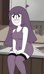 ai_generated bangs black_eyes blush breasts cabinet clothed container curvy female fully_clothed happy kitchen lila_(spooky_month) long_hair pan pixai purple_dress purple_hair purple_thighhighs sink sitting sitting_on_counter sleeveless_dress smile smiling spatula spooky_month thick_thighs white_skin