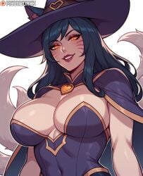 ahri ai_generated animal_ears bangs big_breasts black_hair breasts cape cleavage covered_navel facial_mark female fox_ears fox_girl fox_tail glowing glowing_eyes grin halloween halloween_costume hat large_breasts league_of_legends league_of_legends:_wild_rift long_hair looking_at_viewer megasonek multi_tail orange_eyes parted_lips patreon_username purple_cape purple_headwear riot_games shiny shiny_skin simple_background slit_pupils smile solo tail tails teeth upper_body watermark whisker_markings white_background witch_costume witch_hat