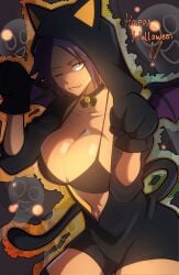 1girls big_breasts bikini bikini_top bleach bleach_brave_souls breasts cat_ears cat_paws cat_tail cleavage curvy dark-skinned_female dark_skin female female_only ghost halloween halloween_costume hoodie one_eye_closed paws purple_hair shihouin_yoruichi solo thatamaan tongue_out unzipped unzipped_hoodie unzipped_jacket