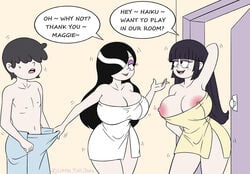 1boy 2girls 2girls1boy aged_up areola areolae bangs big_breasts big_nipples black_hair blunt_bangs breasts dialogue door emo emo_girl english_text female goth goth_girl grin haiku_(the_loud_house) hair_over_eyes half-closed_eyes hips huge_breasts human human_only imminent_threesome large_areolae large_breasts lars_loud littletailjoey looking_at_another lucy_loud maggie_(the_loud_house) male multiple_females multiple_girls nipples older open_mouth puffy_nipples rule_63 smile speech_bubble text the_loud_house thick thick_thighs thighs threesome tongue tongue_out towel wide_hips