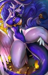 amethystdust amy_(amethystdust) angel_wings anthro big_tail big_thighs boobs breasts coin coins dragon dragoness hips horn horns lizard long_hair looking_at_viewer purple_eyes purple_hair reptile smile smiling smiling_at_viewer sword tail thick_thighs thighs unicorn white_skin wings yellow_eyes