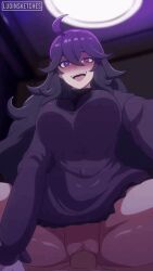 1girls @_@ animated animated_gif big_breasts bottomless clitoris clothed_sex cowgirl_position creatures_(company) game_freak gif happy happy_sex hex_maniac long_hair ludinsketches nintendo pokemon purple_eyes purple_hair sex tagme tongue tongue_out