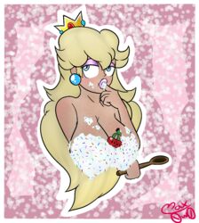 blonde_hair blue_eyes blush breasts cake cherry cleavage crown double_cherry ear_piercing eyeshadow fingers food glitter holding_breast horny huge_breasts icing lips lipstick mario_(series) max0w0 nintendo pink princess_peach small_nose sparkles spoon sprinkles sucking super_mario_3d_world