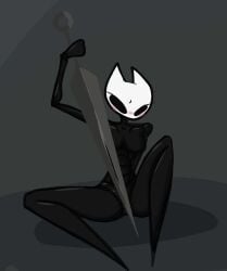 1girls anthro between_legs blush blushing hollow_knight hornet_(hollow_knight) legs_spread naked nude shy skinny small_breasts solo solo_female