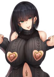 1girls 2021 :p absurdres aqua_eyes bangs bare_shoulders black_hair breasts clothing_cutout earrings eyebrows_visible_through_hair female female female_focus female_only green_eyes hair_between_eyes heart heart_earrings highres huge_breasts jewelry koburakko looking_at_viewer navel navel_cutout navel_piercing nipple_bar nipple_cutout nipple_piercing nippleless_clothes nipples original piercing sleeves_past_wrists smile solo solo_female solo_focus sweater tongue tongue_out tongue_piercing turtleneck turtleneck_sweater