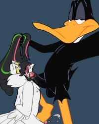 2024 absurd_res anatid anseriform anthro anthro_on_anthro avian balls bird black_body black_feathers bodily_fluids cum cum_in_mouth cum_inside daffy_duck duck duo ejaculation erection feathers feet foot_fetish foot_on_penis foot_play foreskin genital_fluids genitals hairlessboyblunder hi_res looking_back looney_tunes male male/male open_mouth open_smile owl penis simple_background smile smiling_at_viewer warner_brothers white_body white_feathers