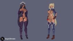 2girls 3d amber_eyes areolae artist_name artist_request big_penis black_hair blonde_hair boots busty cloe_(kuroinu) dark_elf dark_skin elf elf_ears exposed_breasts exposed_penis female female_only futanari gloves heels hi_res jacket kuroinu_~kedakaki_seijo_wa_hakudaku_ni_somaru~ large_breasts large_penis mature_female nipples olga_discordia ponytail pubic_tattoo red_eyes skimpy sleeves stockings straight_hair tan_skin testicles thick_thighs thong veiny_penis voluptuous