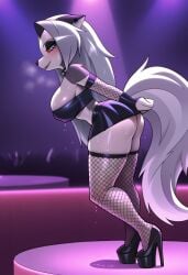 ai_generated breasts cleavage female fishnet_legwear fishnet_sleeves furry gondor952 hellhound helluva_boss high_heels huge_breasts jizoku_(ai_style) loona_(helluva_boss) skirt thick_thighs thighs