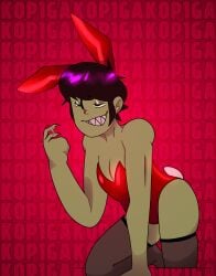 black_hair bunny_ears bunny_tail bunnysuit fishnets gorillaz green_skin k0piga murdoc_niccals purple_highlights red_bunnysuit sharp_teeth